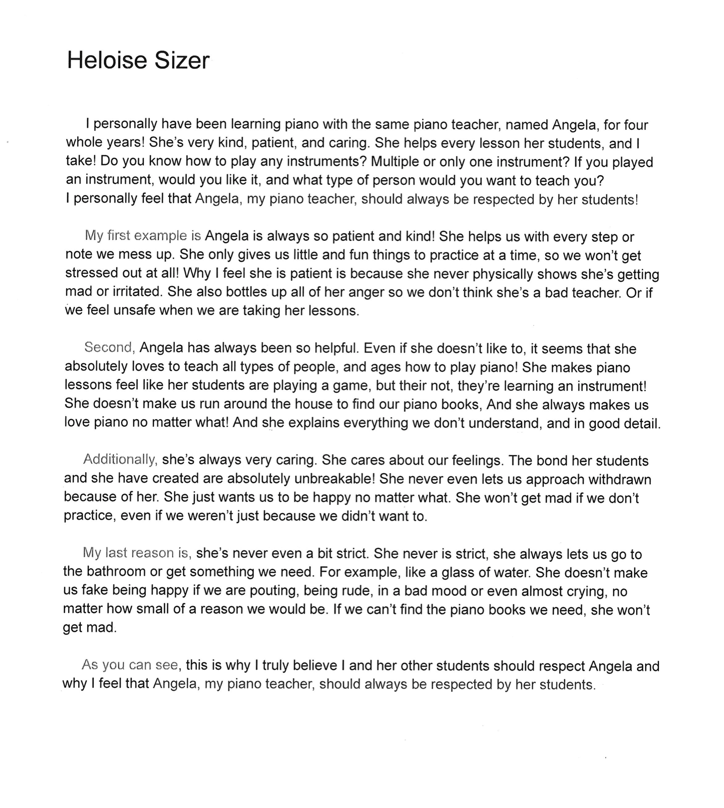 Heloise’s Persuasive Paper on Angela